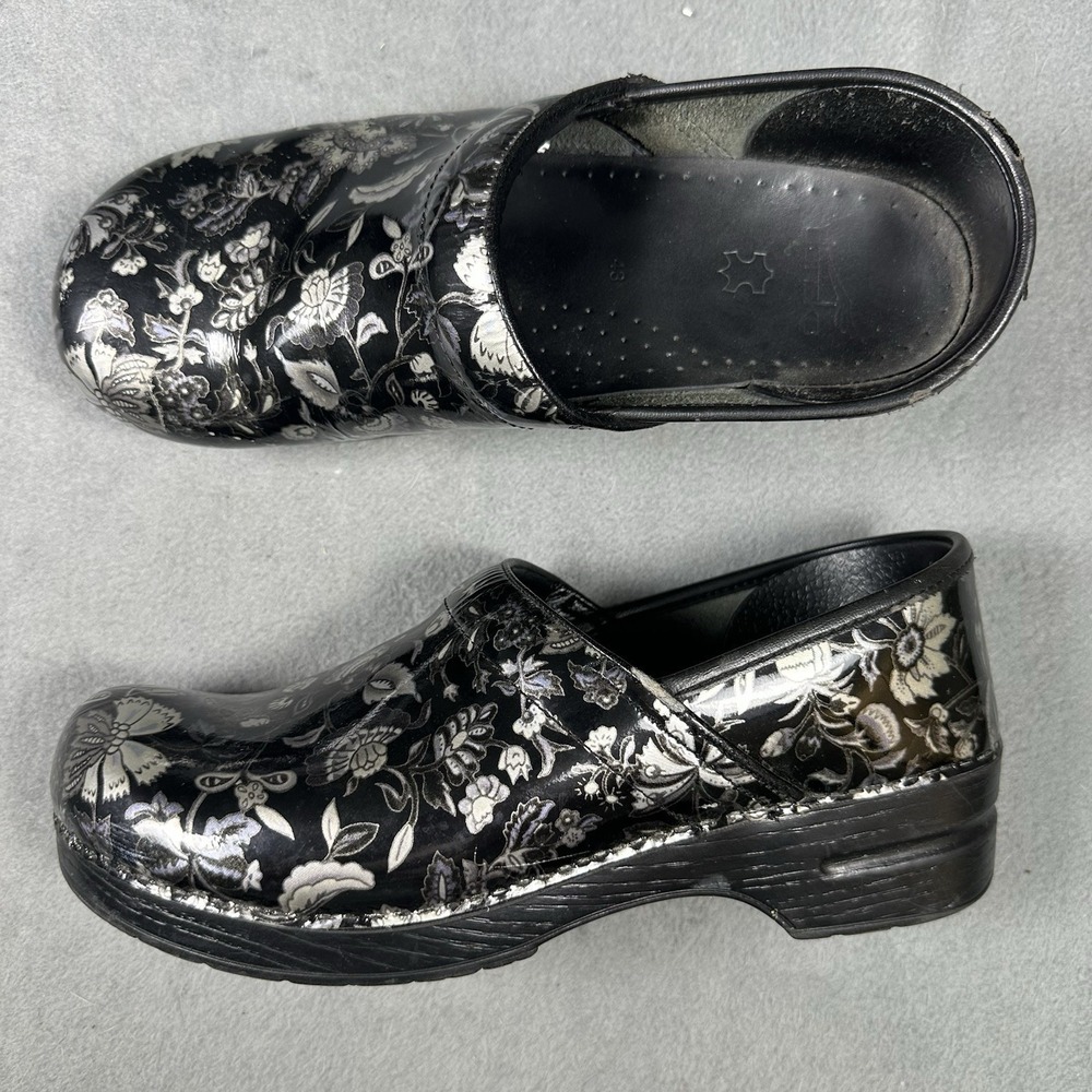 Dansko Professional Floral Patent Leather Clogs Black Silver EU 43 US 12.5 - Picture 3 of 7